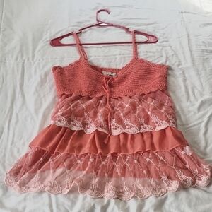Lulumarie Womans Coral Crochet & Lace Spaghetti Strap Blouse, Size: L
